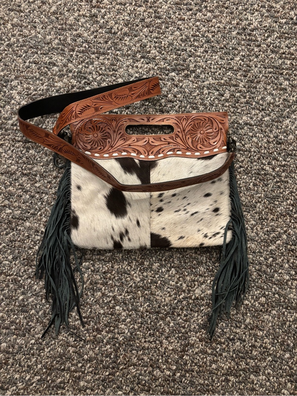 American Darling Cowhide & Tooled Leather Fringe Bag